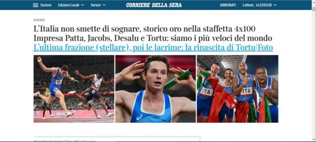 The front page of the Corriere Della Sera website