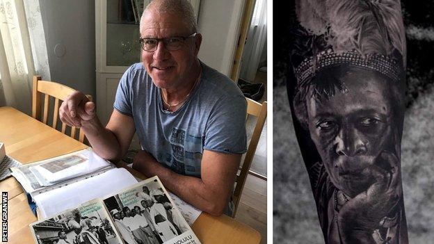 Split picture showing Peter Granwe and a photo of his son's Prince Monolulu tattoo