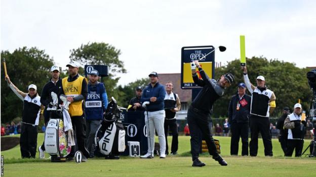 Brian Harman hits a tee shot at Royal Liverpool