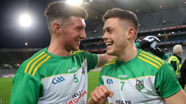 Tiarnan Flannagan (left) celebrates with team-mate Eunan Mulholland after Glen's victory at Croke Park