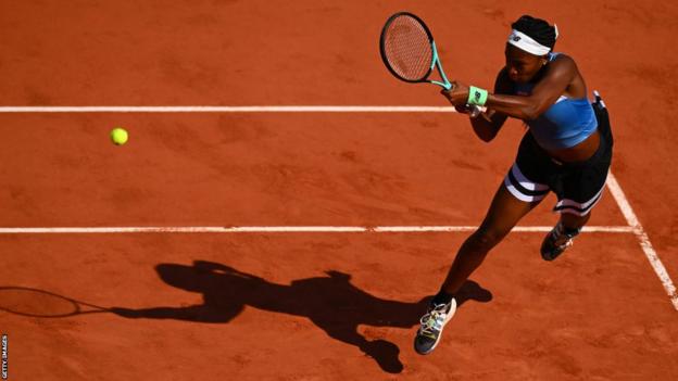 Coco Gauff hits a return against Anna Karolina Schmiedlova at the French Open