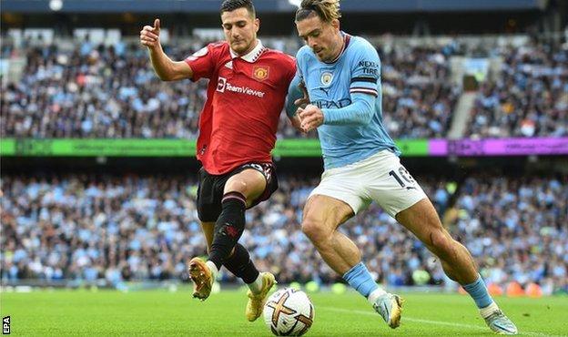Jack Grealish takes on Manchester United defender Diogo Dalot