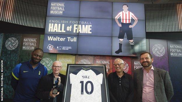 From left to right: Former Tottenham defender Ledley King, Edward Finlayson (Walter Tull's grand nephew), Phil Vasili (Walter Tull's biographer) and National Football Museum chief executive Tim Desmond