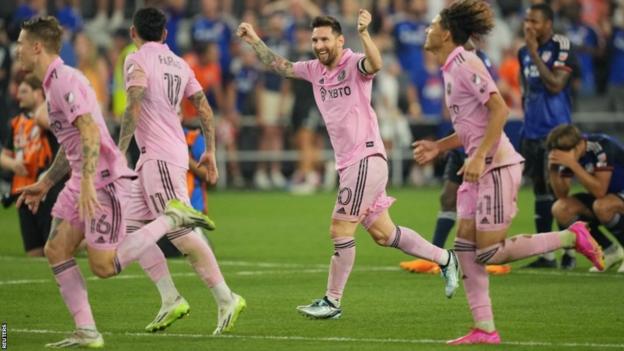 Lionel Messi celebrates as Inter Miami beats FC Cincinnati in a penalty shootout to reach the US Open Cup final
