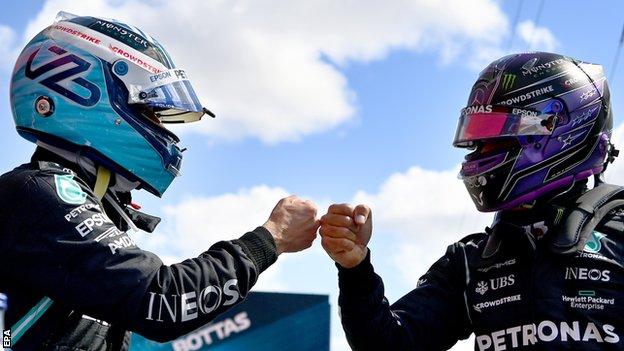 Bottas and Hamilton fist pump after qualifying