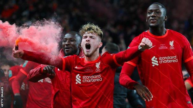 Harvey Elliott celebrates Liverpool's Carabao Cup win