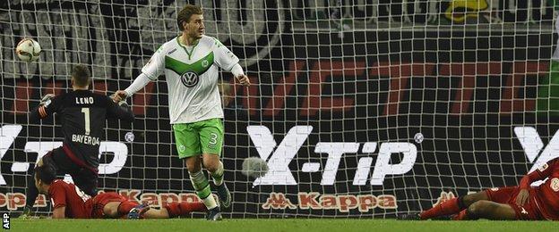 Nicklas Bendtner celebrates a goal for Wolfsburg