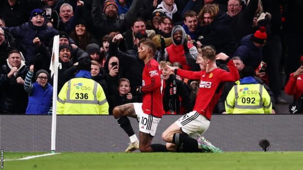 Marcus Rashford and Rasmus Hojlund celebrate scoring against Tottenham