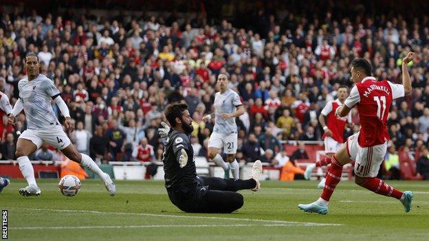 Gabriel Martinelli scores for Arsenal against Liverpool in the Premier League