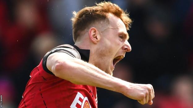Liam Kerr celebrates after scoring Down's first-half goal