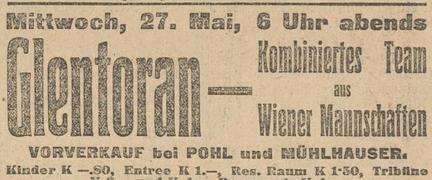 A newspaper advertisement for a match between Glentoran and Vienna Select