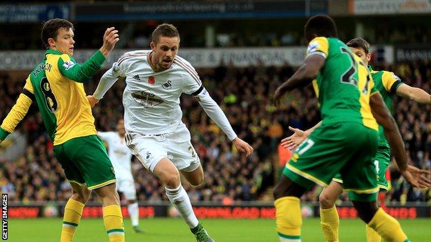 Gylfi Sigurdsson comes under pressure from Norwich defenders