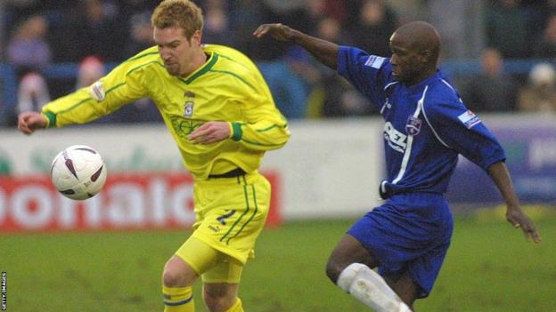 John Keister of Margate and Rhys Weston of Cardiff during the FA Barclaycard Premiership match between Margate FC and Cardiff at the Crabble Ground in Dover on December 7, 2002