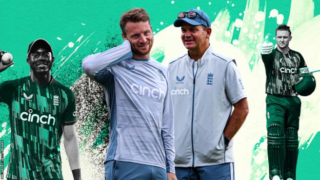 A graphic with England white-ball captain Jos Buttler and coach Matthew Mott in the centre and then bowler Jofra Archer to the left and Jason Roy to the right