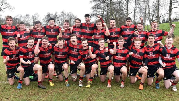 Rainey Endowed from Magherafelt celebrate their 12-10 victory over Royal School Armagh in the Schools' Cup