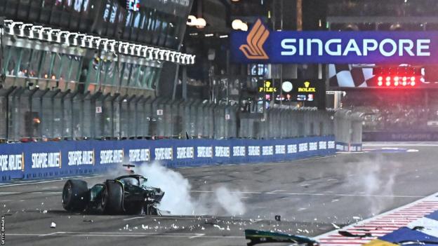 The Aston Martin of Lance Stroll following his crash at the Singapore Grand Prix