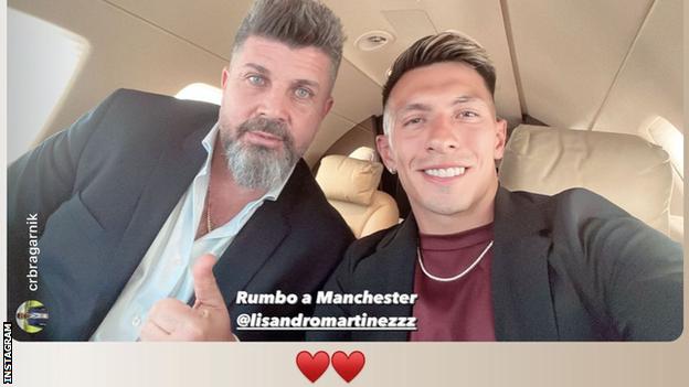 Instagram picture of agent Christian Bragarnik and Ajax defender Lisandro Martinez with caption reading 'heading to Manchester'