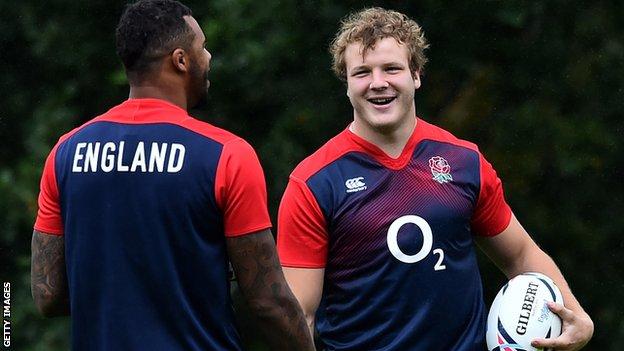 Courtney Lawes, left, in England training with Joe Launchbury, right