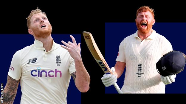 A split image of England batters Ben Stokes (left) and Jonny Bairstow (right) celebrating centuries, on a dark blue square and black background