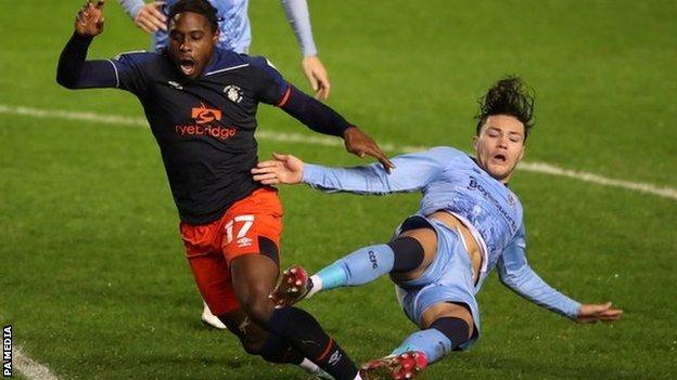 Coventry City midfielder Callum O"Hare tangled with Luton Town's Pelly Ruddock Mpanzu at St Andrew's