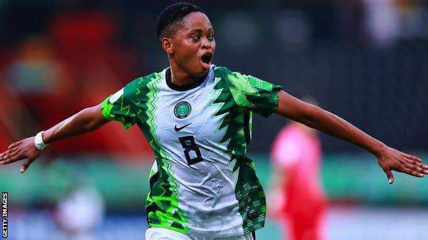 Esther Onyenezide celebrates a goal for Nigeria Under-20 Women