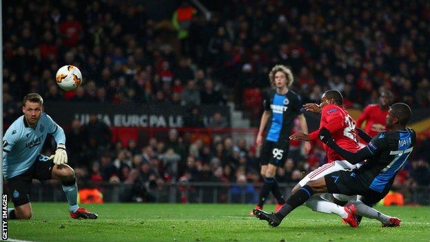 Odion Ighalo scoring his first Manchester United goal during the 5-0 win over Club Bruges