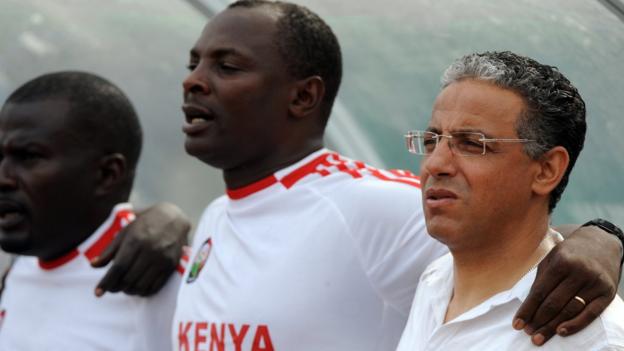 New Tanzania coach Adel Amrouche with other members of the Kenya coaching staff before a game