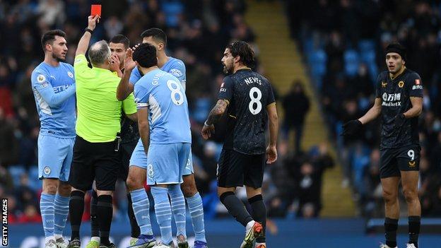 Raul Jimenez being shown the red card