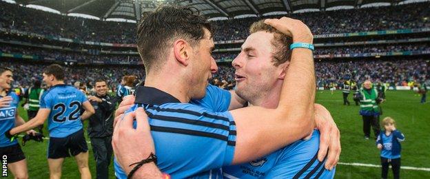 Bernard Brogan and Jack McCaffrey embrace after Dublin's All-Ireland triumph in September