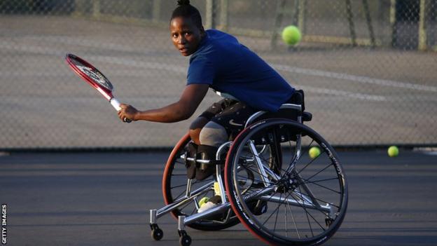 South African wheelchair tennis star Kgothatso Montjane training