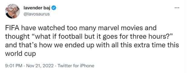 A tweet that reads: FIFA have watched too many marvel movies and thought “what if football but it goes for three hours?” and that’s how we ended up with all this extra time this world cup