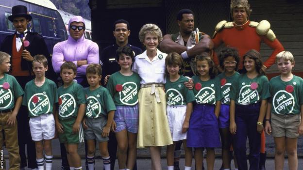 Nancy Reagan with children and fictional characters astatine  a Just Say No event