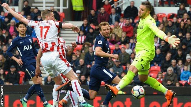Harry Kane attacks a Christian Eriksen free-kick for Tottenham