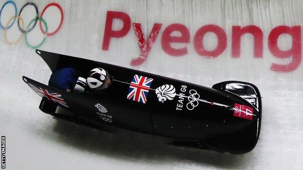 Mica Moore tucks herself in as Mica McNeill guides their bobsleigh down the course in Pyeongchang