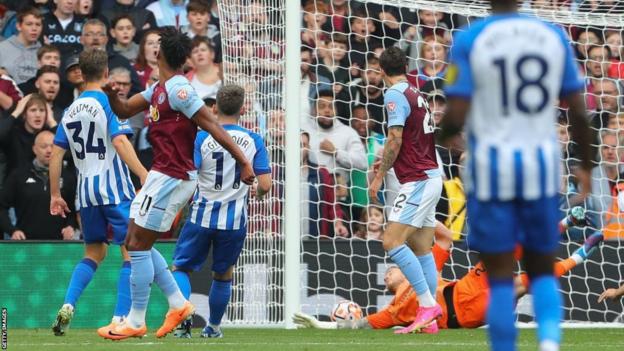 Ollie Watkins scores his second of the game in Aston Villa's Premier League game at home to Brighton