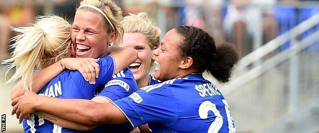 Gilly Flaherty (centre) celebrates scoring the second of Chelsea's goals against Birmingham City