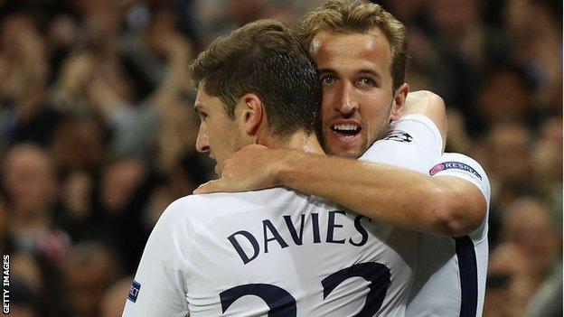 Ben Davies celebrates one of Harry Kane's two goals for Tottenham against Borussia Dortmund