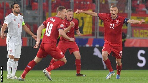 Czech Republic's forward Jan Kuchta (left) and Czech Republic's midfielder Tomas Soucek celebrate
