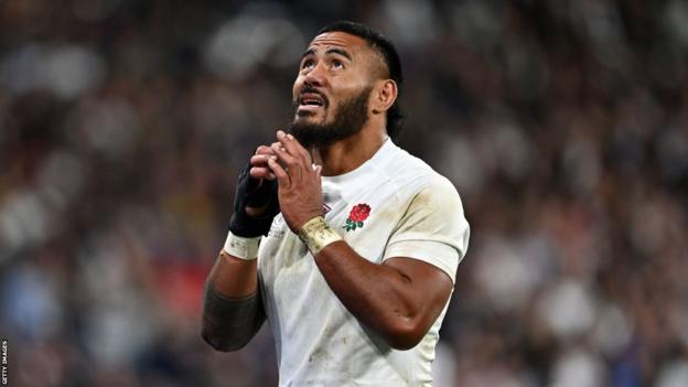 Manu Tuilagi looks pensive during England's bronze medal match against Argentina at the 2023 Rugby World Cup