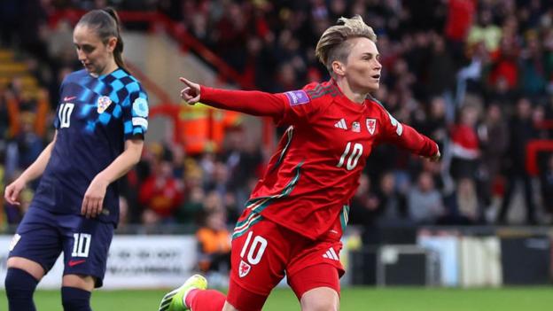 Jess Fishlock celebrates after scoring Wales' opening goal against Croatia