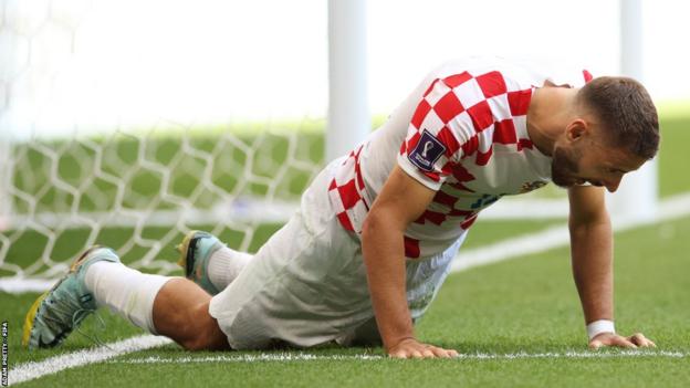 Croatia's Nikola Vlasic gets up after a missed chance during the World Cup tie against Morocco