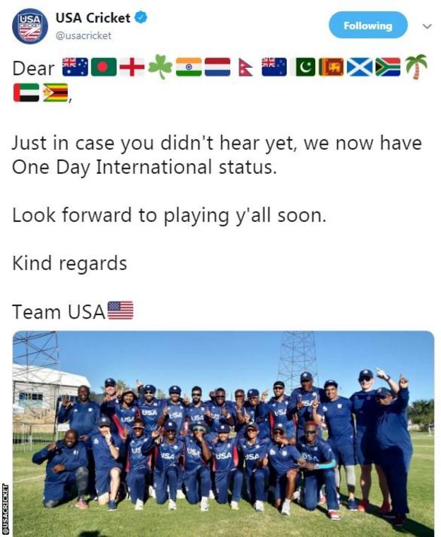 United States tweet celebrating their ODI status