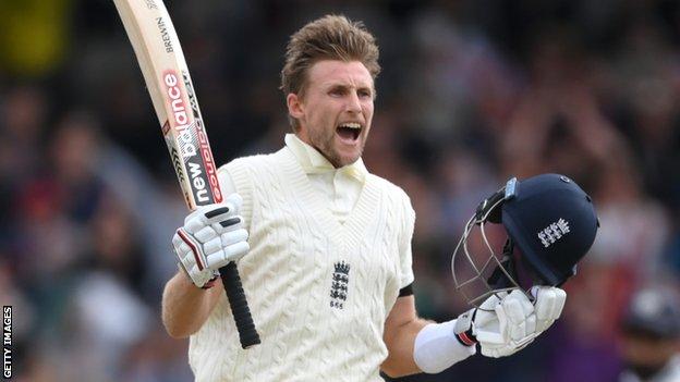 England batter Joe Root celebrates hitting a Test century against India