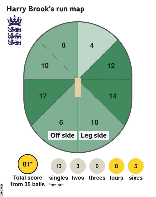 The scorecard shows Harry Brook scored 81 with 5 sixes, 8 fours, 3 twos and 13 singles for England