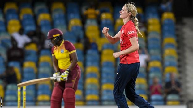 Lauren Bell celebrates a wicket against West Indies