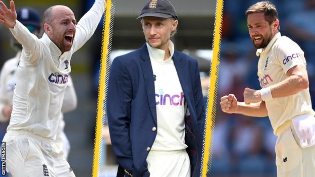 Left to right: Jack Leach, Joe Root and Chris Woakes