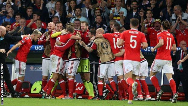 Wales celebrate scoring against Belgium