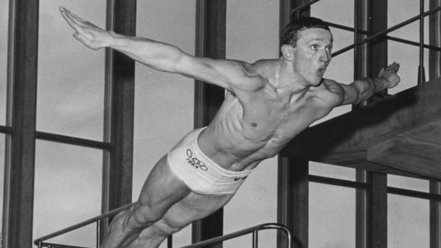 Phelps pictured jumping from a high diving board during training, at the National Recreation Centre, Crystal Palace, London, March 23rd 1966.