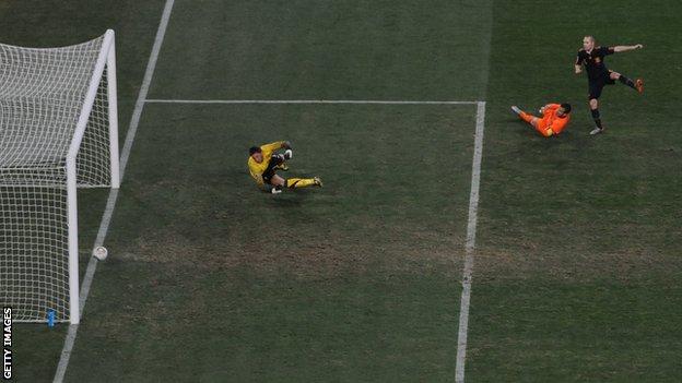 Andres Iniesta's shot in extra time of the World Cup final 2010