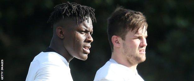 Maro Itoje and Jack Clifford pictured during an England training session